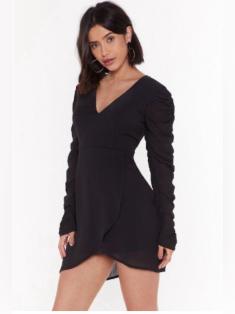 Nasty Gal V Neck Chiffon Long Sleeve Little Black Dress - Small (4)